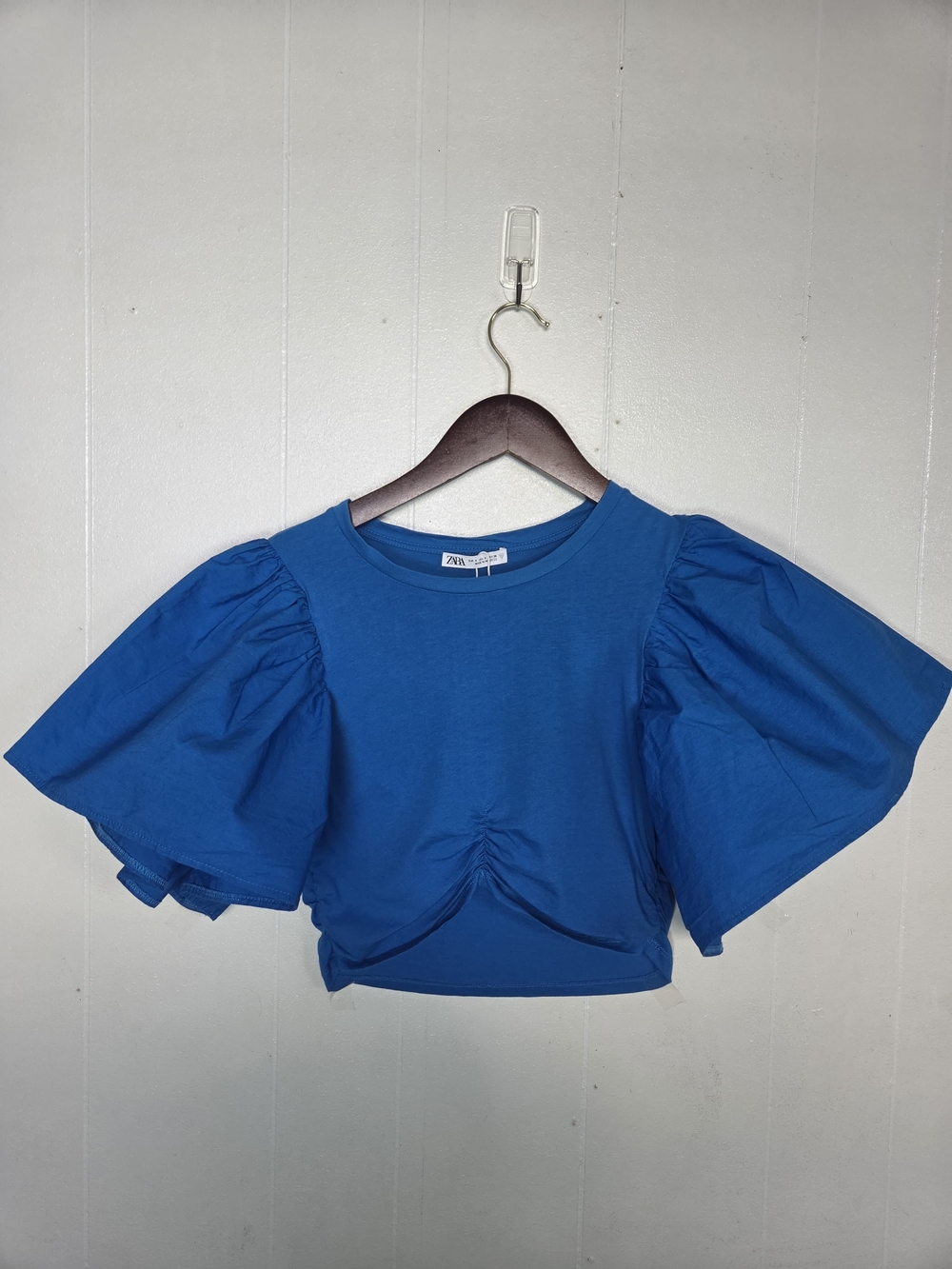 Zara Blue Puff-Sleeve Cropped Top